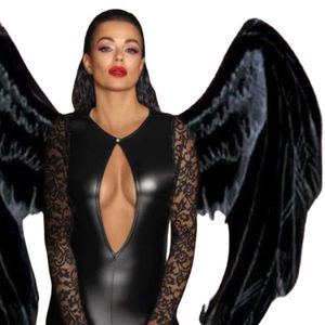 Black PU Leather Bodycon Dress With Lace Long Sleeves Deep V Neck Cut-Outs Fitted Sexy Party Wear - Product Image 6