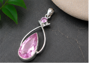 Natural Kunzite Silver Pendant, 925 Sterling Silver Pink Kunzite <b>Necklace</b>, Pear Cut Gemstone Pendant, Handmade Statement Jewelry - Product Image 4