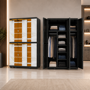 Naiba Mega <b>Portable</b> Plastic Cabinet/<b>Wardrobe</b> with Beige Wood Style Hinged Doors & Hanger for Clothing & Bedroom Storage - Product Image 1