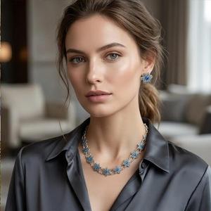 DIVYORO Bright Blue Floral Link Oxidized <b>Silver</b> Adjustable <b>Choker</b> Set for Women-Party Jewelry - Product Image 4
