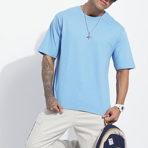 T-shirt en coton bleu clair pour homme, coupe classique, manches courtes, col rond, style décontracté, couleur unie, tricot jersey, teinture unie - Product Image 6