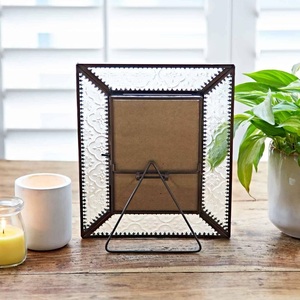 Handmade Square Glass <b>Photo</b> <b>Frame</b> With Embossed Pattern Iron Stand Vertical Tabletop Display - Product Image 1