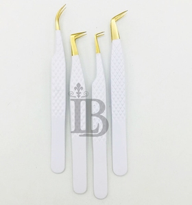 Top Sale <b>Eyelash</b> Tweezers White Color Golden Tip <b>Mink</b> <b>Eyelash</b> <b>Extension</b> Volume Tweezers Stainless Steel Curved Tweezers - Product Image 4