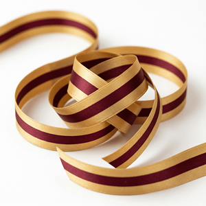 ริบบิ้นผ้าซาตินสีทองเบอร์กันดีขนาด 25 มม. ลายเส้นตรงกลาง สำหรับห่อของขวัญ ตกแต่งงานแต่งงาน บรรจุภัณฑ์ตกแต่ง และจัดดอกไม้ ขายส่ง - Product Image 1