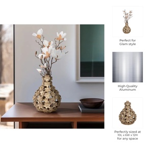 Urne décorative florale dorée ajourée de style nordique, vase à fleurs en treillis ouvert, vases d'appoint en métal, pour l'aménagement intérieur haut de gamme et l'hôtellerie - Product Image 2