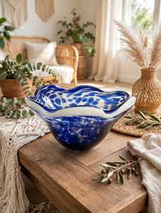 Bol en verre de Murano soufflé à la main, décor floral bleu, centre de table décoratif pour Noël, Nouvel An, hôtel, décoration de la maison - Product Image 1