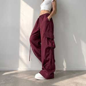 Pantalons cargo pour femmes |   Pantalons à jambes larges |   Pantalon taille haute à cordon de serrage |   Pantalon utilitaire coupe ample |   Vêtements de rue décontractés - Product Image 4