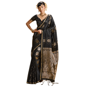 Sari noir en satin pur tissé à la main avec bordure en Zari doré |   Sari ethnique de luxe traditionnel pour femmes, idéal pour les fêtes de mariage - Product Image 4