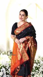 2026 Bollywood Celebrity Vidya Balan Inspired Black <b>Silk</b> Saree Traditional Kanjivaram Style <b>Red</b> Border Tassels Summer Sun - Product Image 3