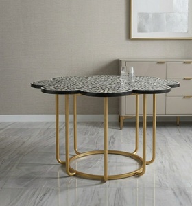 Mesa de Centro Redonda con Incrustaciones Florales de Nácar, Base de Latón Dorado, Muebles para Sala de Estar - Product Image 2