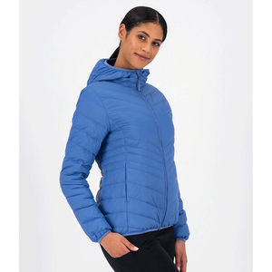 Chaqueta ligera con capucha para mujer, azul sólido, con cierre de cremallera, abrigo fino de plumón. - Product Image 4