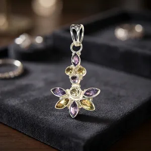 Pendentif en argent sterling 925 avec pierre précieuse améthyste, design floral fait main, bijoux en pierre naturelle multicolore - Product Image 2