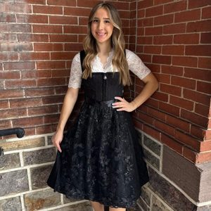 Women's Bavarian Style Dirndl <b>Dress</b> Midi Length A-Line Lace Bodice With Apron Casual Folk Costume Black Short Sleeve - Product Image 1