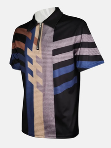 Camisa de Hombre Beige a Rayas de Manga Corta con Botones Frontales y Ribete Negro, Tejido Casual Transpirable de Poliéster Jersey 220g - Product Image 4