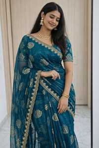 Pure Moss Georgette Saree With Fully Heavy Embroidery Work - Product Image 2