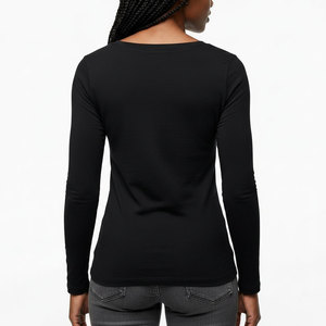 Women's Scoop Neck Long Sleeve T-<b>Shirt</b> Slim Fit Soft Cotton Stretch Plain Basic Top Custom OEM Wholesale Service - Product Image 2