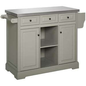 Isola da Cucina Portatile Moderna Grigia su Ruote con Piano in Acciaio Inox, Portaspezie, Cassetti e Carrello Multiuso in Legno MDF - Product Image 1
