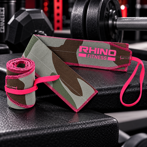 ผ้าพันข้อมือลายพราง Rhino Fitness พร้อมสายรัดสีชมพู สำหรับมือซ้าย แบบตีนตุ๊กแก สำหรับยกน้ำหนักและฝึกซ้อมในยิม - Product Image 1