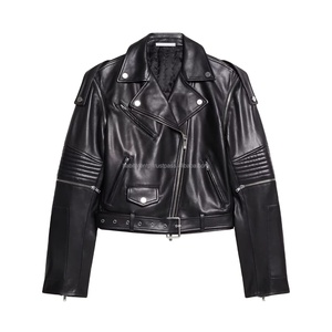 แจ็คเก็ตนักขี่จักรยานหนังแท้เปิดประทุนสำหรับผู้หญิงแขนยาวทำด้วยมือ - Product Image 1