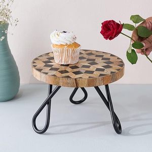 Support à gâteau en bois fait main, présentoir à dessert rond avec pieds en métal pour fête d'anniversaire, décoration de mariage - Product Image 1