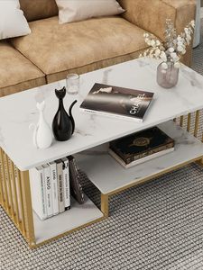 Modern White Marble Finish Coffee <b>Table</b> with <b>Gold</b> Metal Frame and Storage Shelf Rectangular Living Room Center <b>Table</b> - Product Image 6