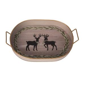 Oval Shape Decorative Tray With Reindeer Pattern and Leaf Border for Christmas Rustic Home Decoration Vintage Trays For Serving - Product Image 1