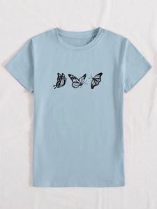 Camisetas de Manga Corta con Cuello Redondo, Holgadas, de Color Azul Claro para Mujer, 100% Algodón Jersey, para Todas las Temporadas - Product Image 1
