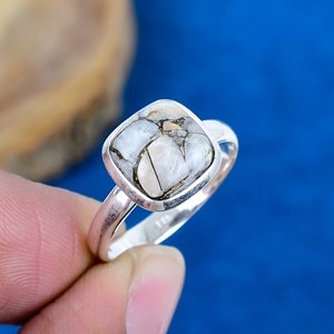 Natural White Copper Calcite Cushion Shape Handmade Gemstone <b>Ring</b> <b>925</b> Sterling <b>Silver</b> - Product Image 1