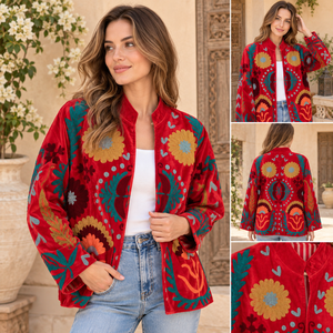 Blouson bomber rouge en coton respirant, tricoté et tissé, brodé à la main, col mandarin, motif floral, manches longues, épais, style Prairie Chic - Product Image 3