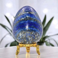 Œuf décoratif en pierre de lapis-lazuli naturel poli brillant avec support doré, décoration Feng Shui pour la maison, objet de collection, cadeau