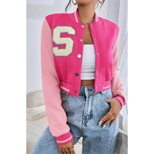 Pink Varsity <b>Jacket</b> Women <b>Short</b> Length Full <b>Sleeve</b> Letter S Embroidery Button Up Turn-down Collar Spring Casual Outerwear - Product Image 1