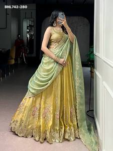 Best Quality NC Moss Silk with <b>Sequin</b>-Thread Embroidered <b>Flared</b> Can-Can Yellow Lehenga-Choli Set with Batwa Wholesale Supply - Product Image 5