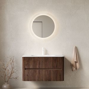 Mueble de Baño Flotante NOOR de 36 Pulgadas con Rayas, de Madera Contrachapada, con 2 Cajones, Piedra Sinterizada Blanca Carrara, Gran Venta, Marca NOOR - Product Image 1