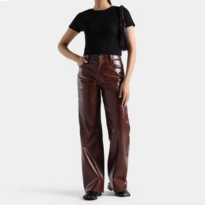 Factory Price Women's Faux Leather Pants Customized Design High Waisted Straight Wide Leg Leather Pants - Product Image 1