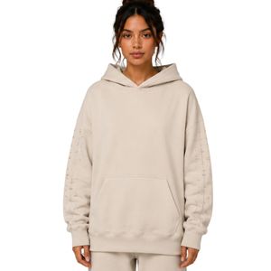 Sweat-shirt décontracté d'hiver pour femme, beige, surdimensionné, avec manches à strass minimalistes, en molleton de coton premium - Product Image 1