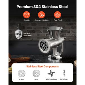 Hachoir à viande manuel en acier inoxydable 304 avec manivelle, pince de table et embout à saucisses, 2 plaques de découpe pour volailles et outils à viande - Product Image 3