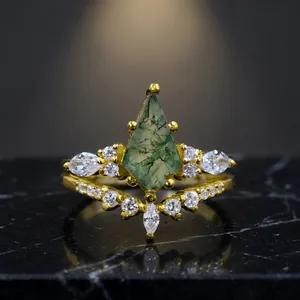 Anillo de Ágata Musgosa Natural en Forma de Cometa con Detalles de Circonia Cúbica, Plata de Ley 925, Conjunto de Anillos de Compromiso y Boda para Mujer - Product Image 4