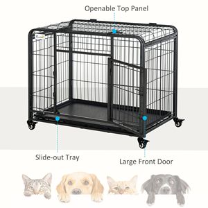 Heavy Duty 37\" Metal Dog <b>Crate</b> Modern <b>Folding</b> Kennel with Removable Tray Cover 4 Wheels Gray-for Breeding Medium Sized Breeds - Product Image 6
