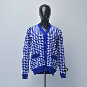 Cárdigan de punto para mujer al por mayor, azul y blanco, con estampado de pata de gallo, cuello en V, manga larga, informal, para otoño, 100% acrílico, con bolsillos, de un solo botón. - Product Image 1