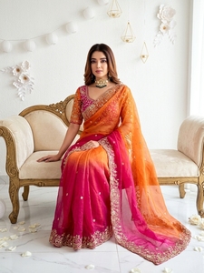 AARA Fashion Orange Pink Silk <b>Saree</b> Embroidered <b>Blouse</b> for Wedding Women Traditional Indian Sari Floor Length Regular Fit Sun - Product Image 4