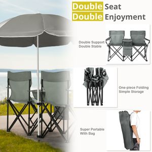 Sedia da Pesca Pieghevole a 2 Posti con Ombrellone Rimovibile e Design Portatile - Grigio - Product Image 6