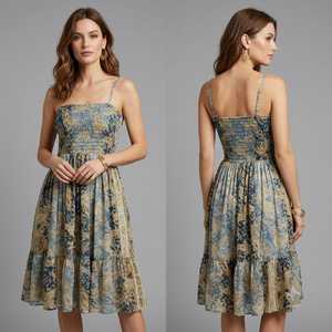 Robe courte mi-mollet pour femme, style bohème, imprimé floral, en mélange de soie et coton tissé 380g, coupe trapèze, avec volants et taille élastique, décontractée pour l'été - Product Image 1
