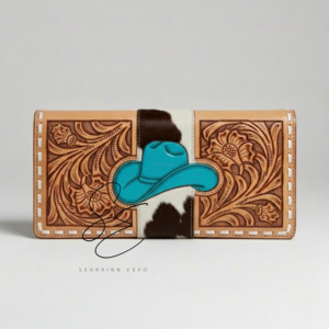 Portefeuille en cuir artisanal personnalisé avec motif de chapeau de cowboy turquoise en peau à poils apparents, style western, pochette zippée pour femme - Product Image 1