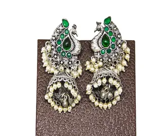 Latest designer fashion brass silver look alike hoop peacock stud jhumka earings for women and girls