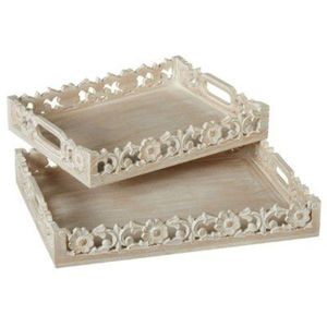 Plateau de service en bois gris avec poignées découpées et bords inclinés, plateau de petit-déjeuner en bois pour ottoman, plateau décoratif pour la maison de style campagnard - Product Image 2