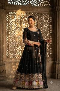 Elegante Traje Anarkali para Mujer, Chiffon, Dupatta Bordada, Salwar Kameez, Traje Tradicional para Fiesta o Boda - Product Image 4