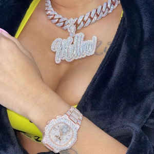Collier pendentif montre en argent sterling S925 avec breloque nom en moissanite, style hip-hop, design de chaîne fine, tendance - Product Image 2