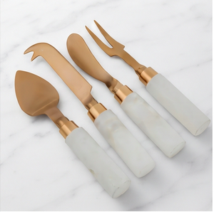 Juego de 4 Cuchillos para Queso de Acero Inoxidable Dorado con Mangos de Mármol Blanco, Herramientas Duraderas para Tabla de Quesos - Product Image 3