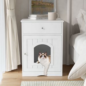 White Wooden Cat Litter <b>Box</b> Enclosure with Drawer Side Table Indoor Pet <b>Crate</b> Nightstand for Pet's Home - Product Image 6