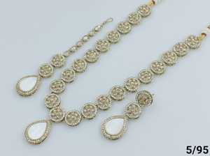 Flower Shape Pendant Alloy Gold Plated Ethnic <b>Pearl</b> Zircon Studded Long Necklace Earring Wedding Anniversary Jewellery <b>Set</b> - Product Image 6